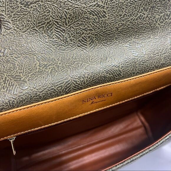 Nina Ricci Paris Crossbody Shoulder Bag Olive & Brown with Leaf Logo Vintage - Picture 8 of 9